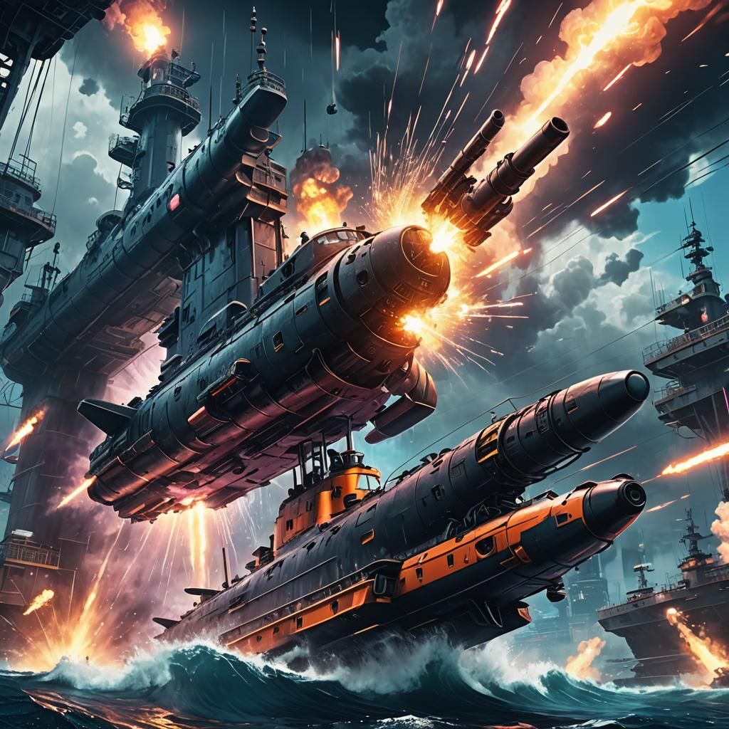 Cyberpunk Submarine Torpedo Launch in Anime Style
