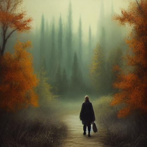 Woman Walks in Misty Autumn Forest