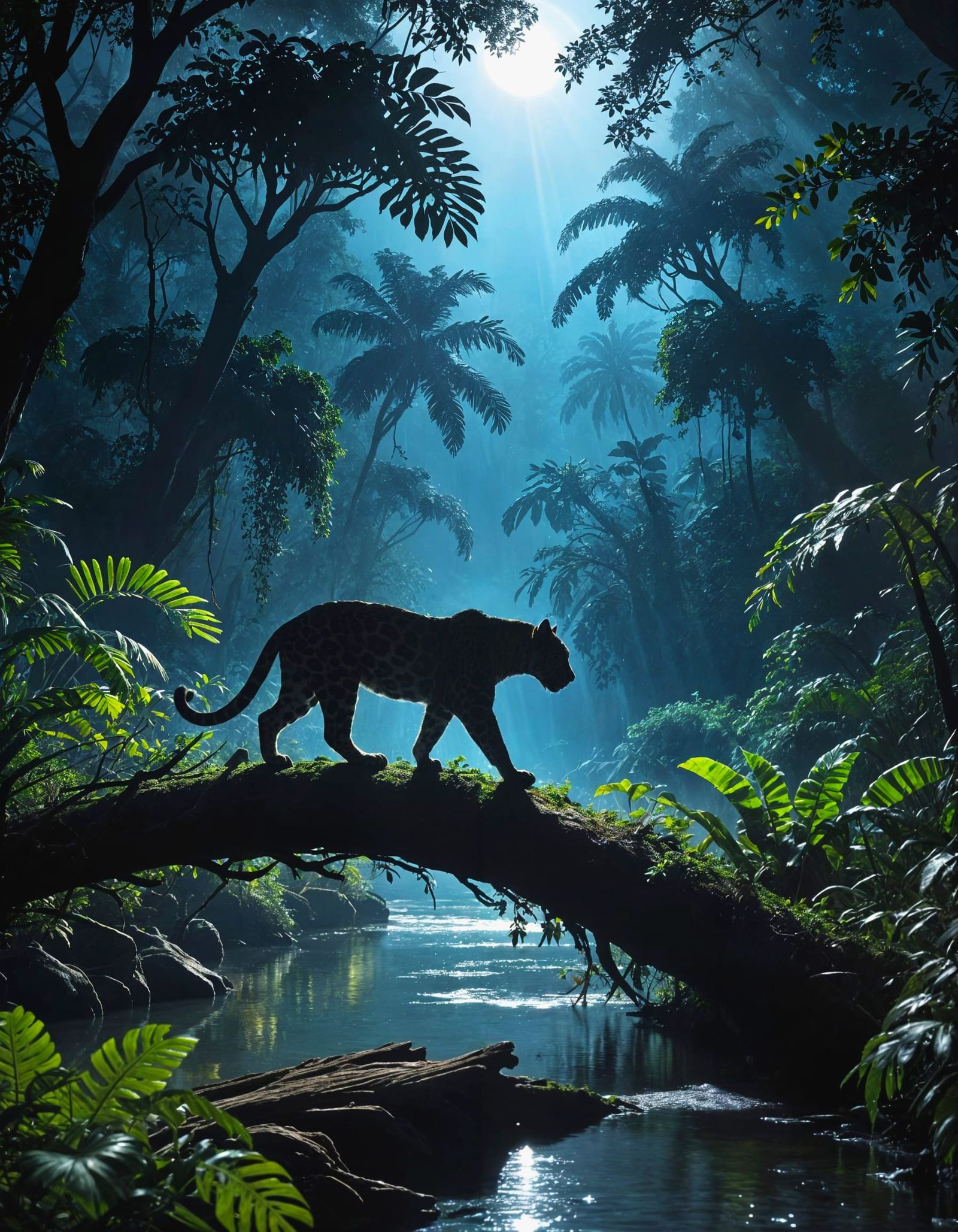 Majestic Jaguar Silhouette in Moonlit Jungle Scene