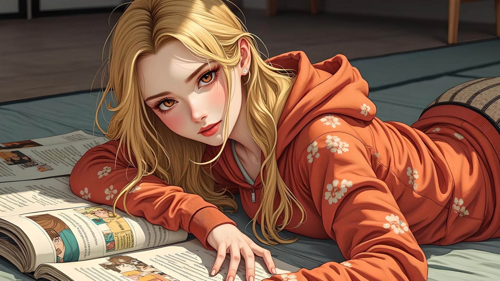 Beautiful Woman Reading Manga in Whimsical Style