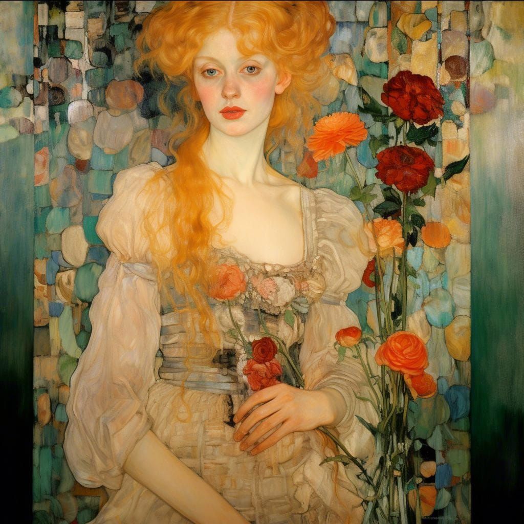 Oil painting on linen, Beautiful lady with flowers