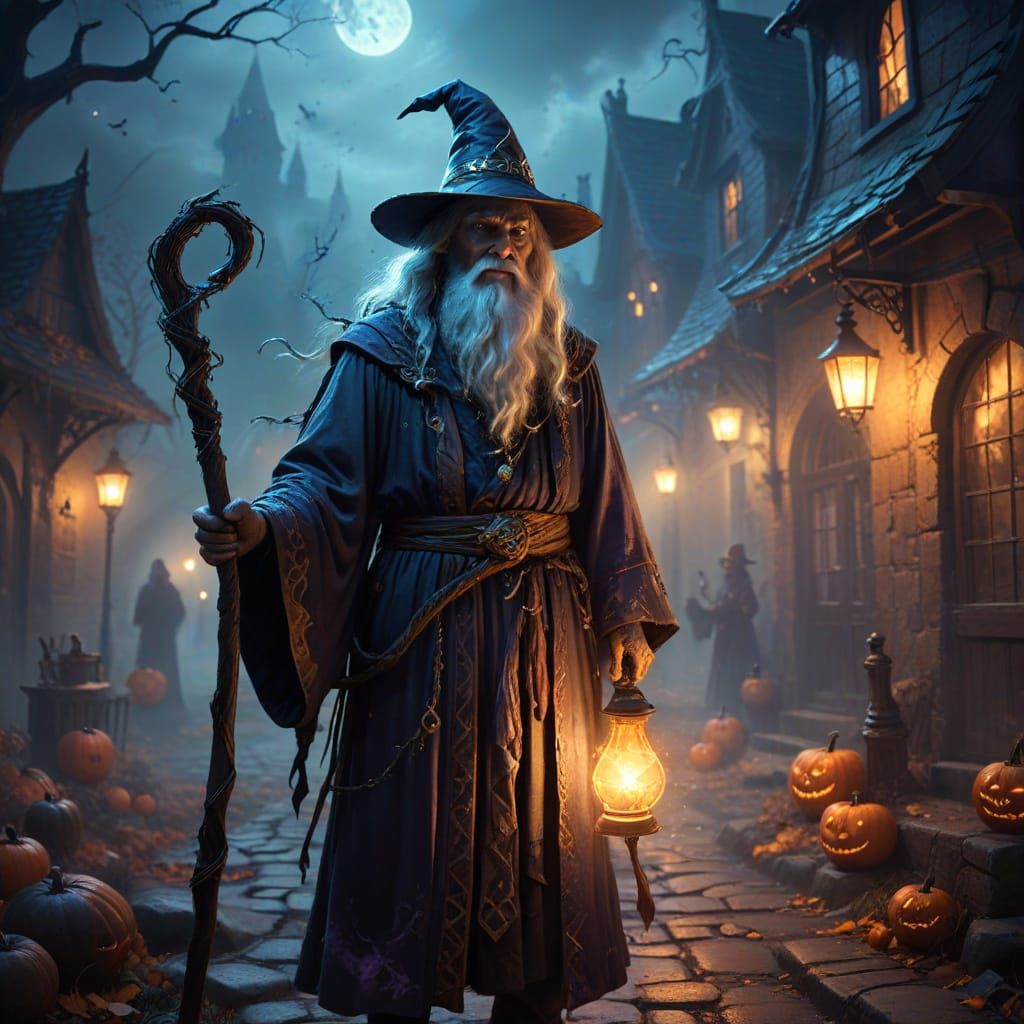 Wise Wizard in Halloween Costume with Glowing Staff on Spook...