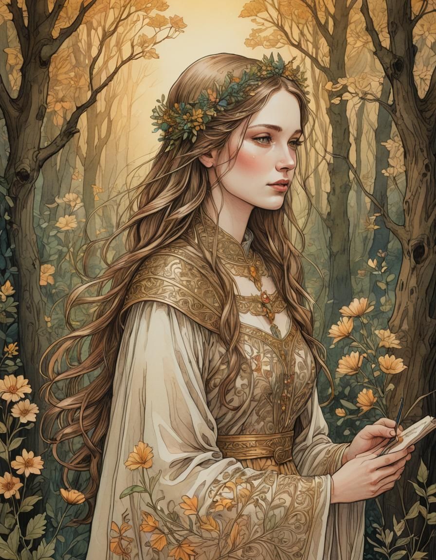 Medieval Maiden in Forest, Illuminated Manuscript Style