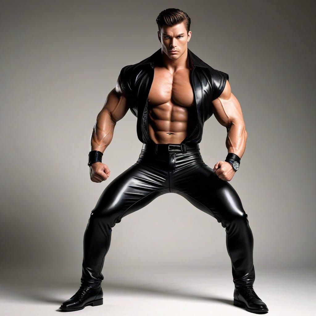 Muscular Bodybuilder in Shiny Black Leather Pants