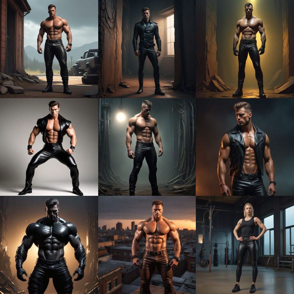 Muscular Bodybuilder Wears Leather Pants