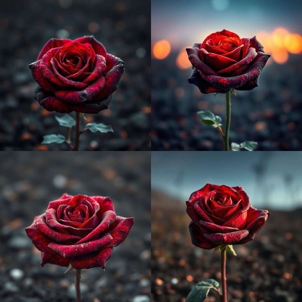 Midnight Ember Rose in Volcanic Field, Macro Photography