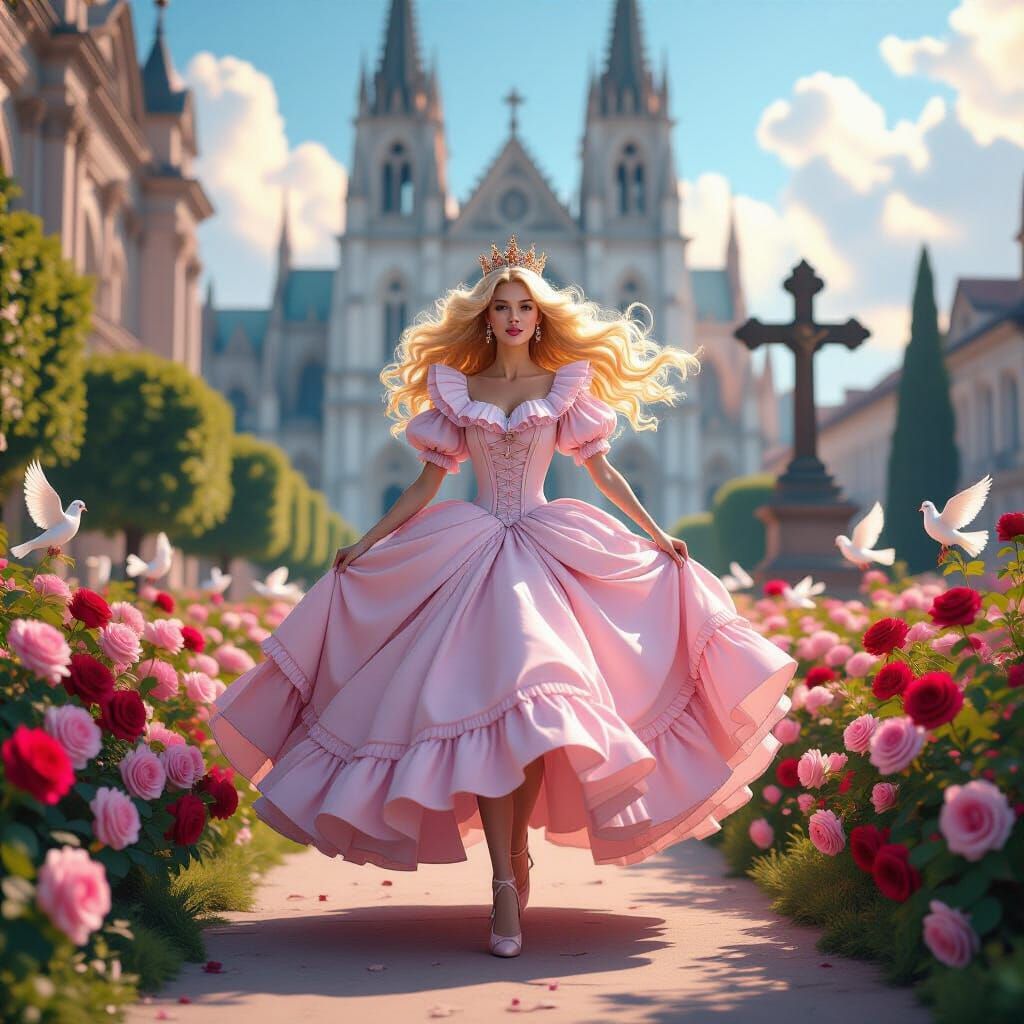 Blonde Queen Runs by Cathedral in Matte Painting