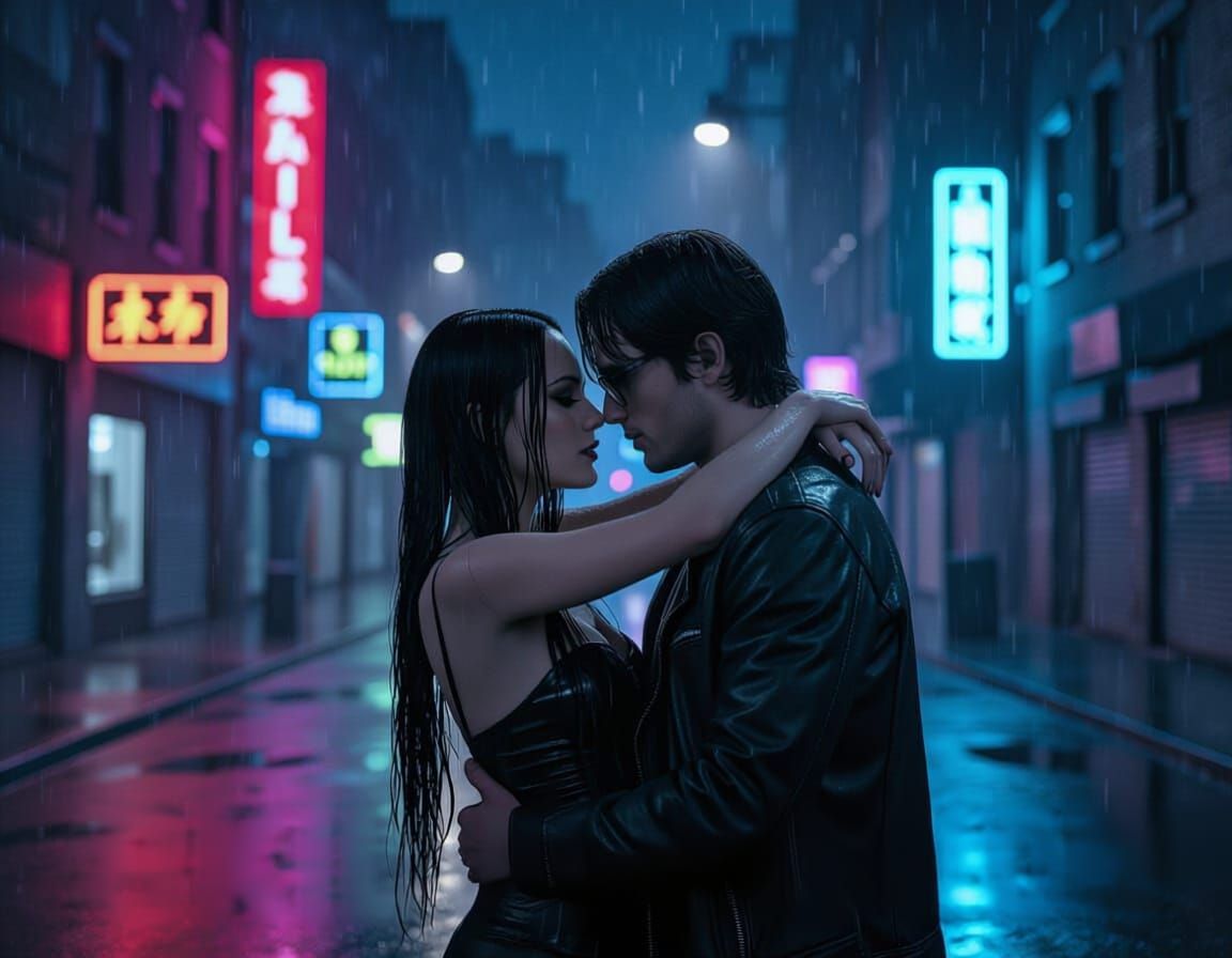 Goth Couple Embracing in Rainy Urban Nightscape