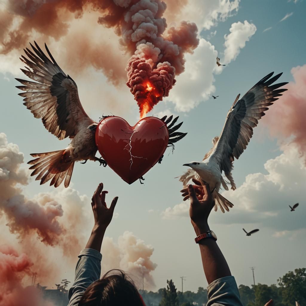 Hands Holding Heart in Dramatic Sky