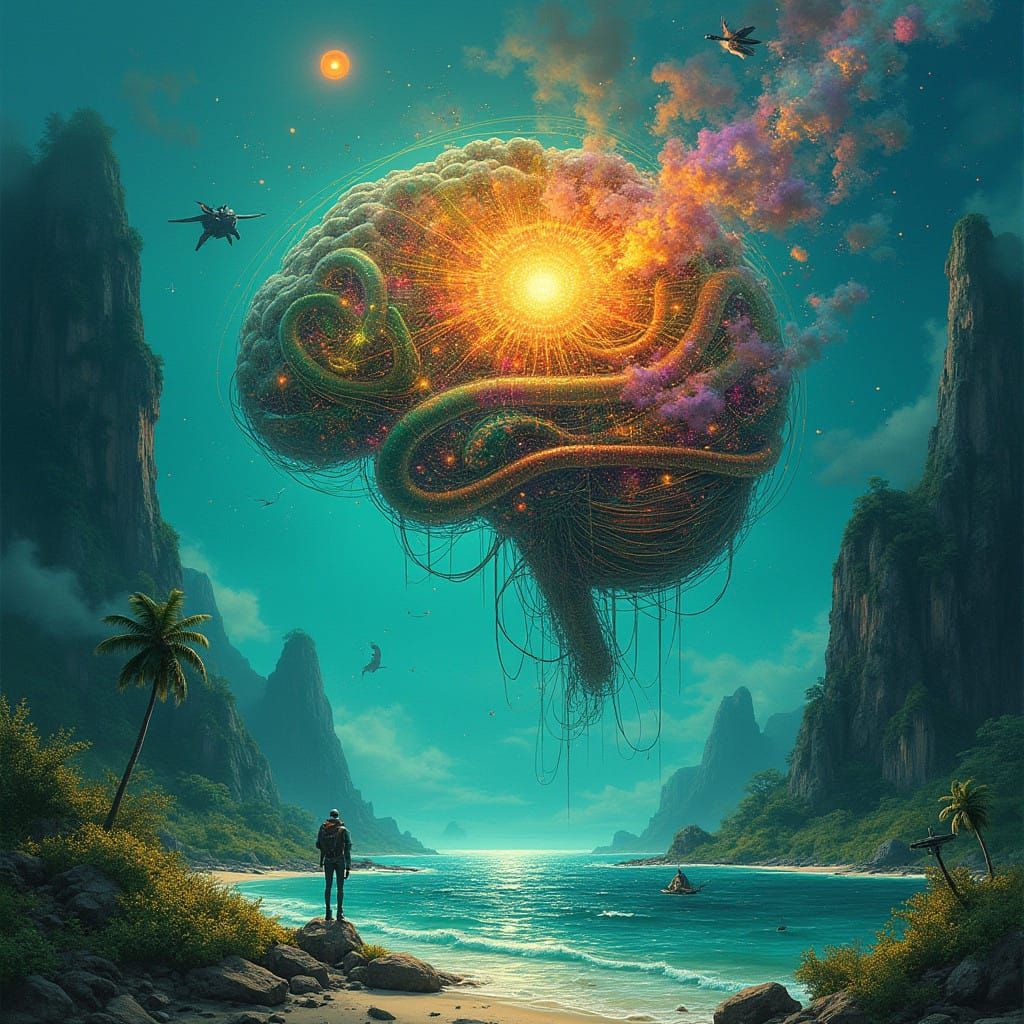 Cyberpunk Island Machine Mind in Vibrant, Ethereal Colors an...