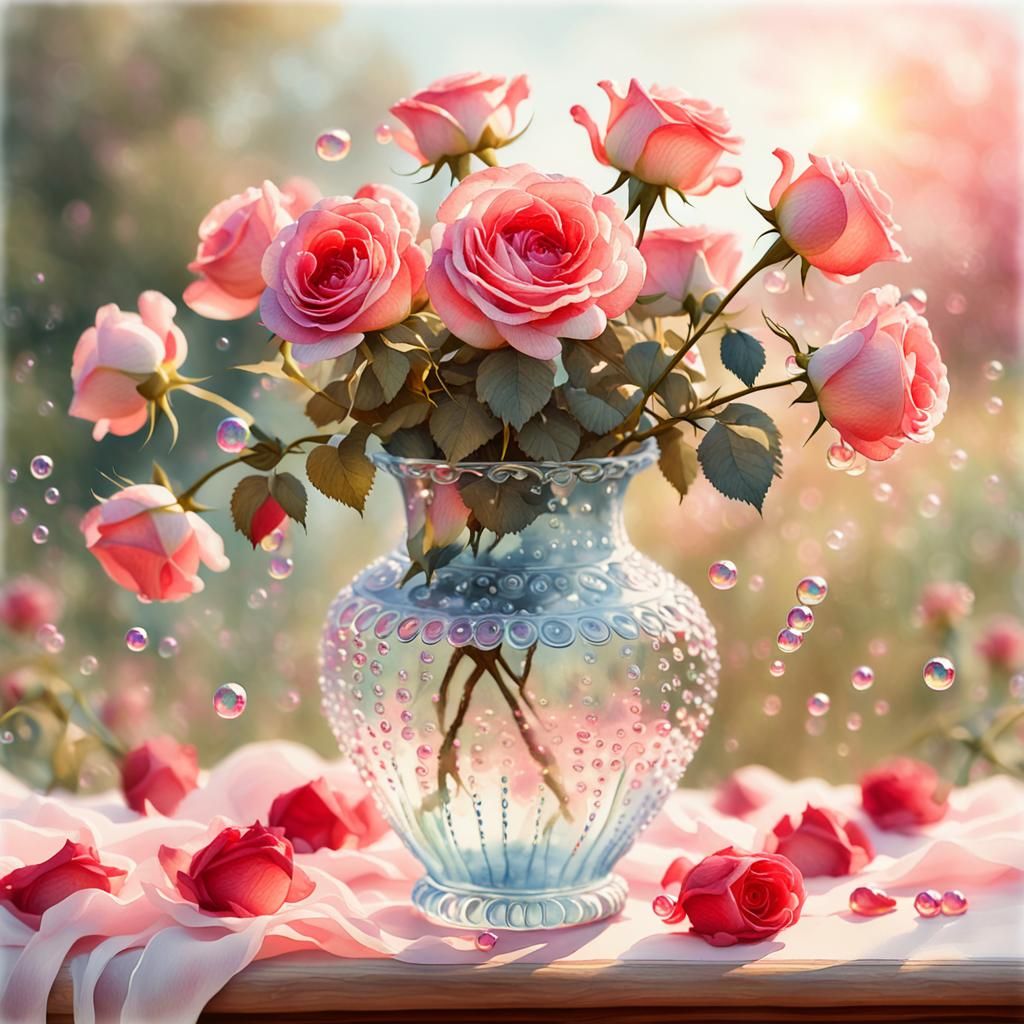 Iridescent Bubbles Rise Over Roses in Watercolor Style