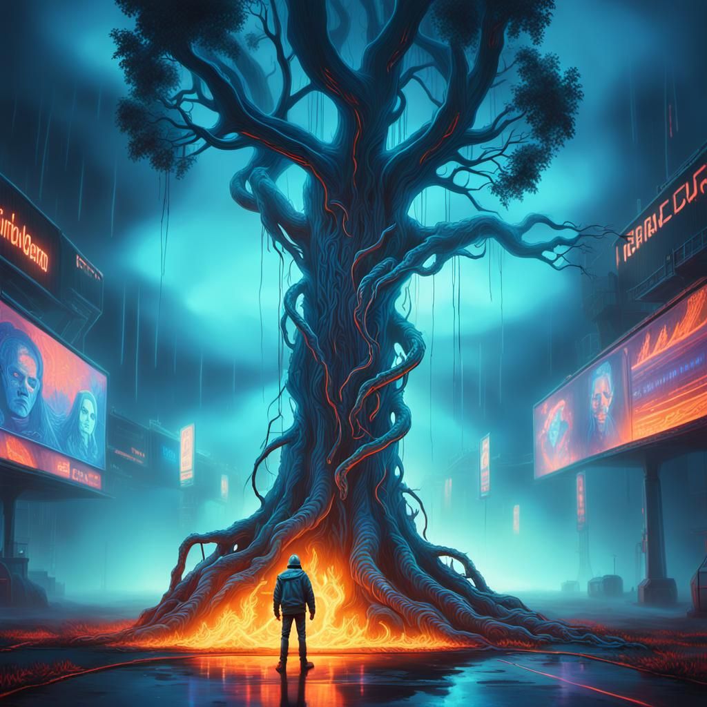 Cyberpunk Landscape: Burning Field in Neon Style