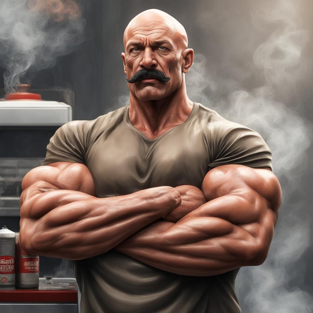 Hyperrealistic Muscular Bodybuilder Smoker with Cigarette