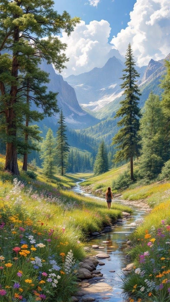 Serene Landscape with Gentle Stream and Majestic Trees