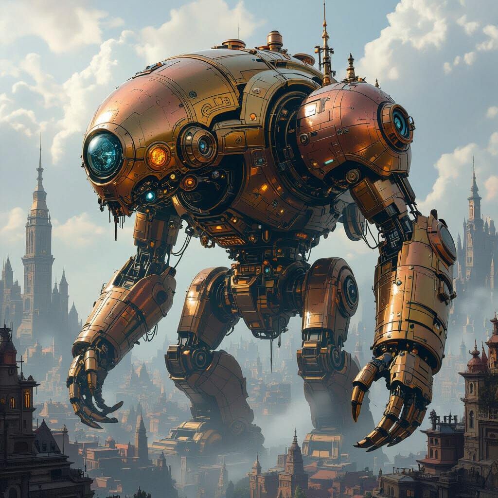 Colossal Mechanical Creature in a Dreamlike Cityscape