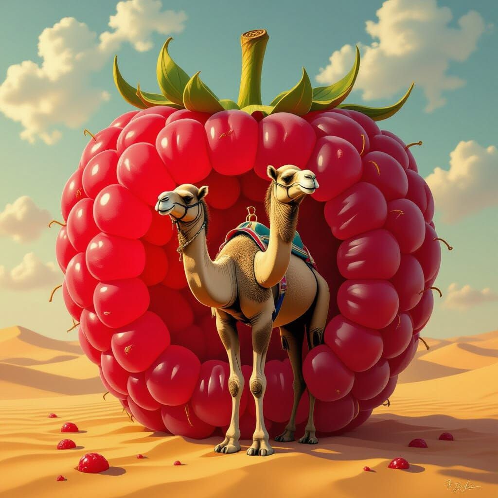 Camel Contemplating Inside Giant Raspberry