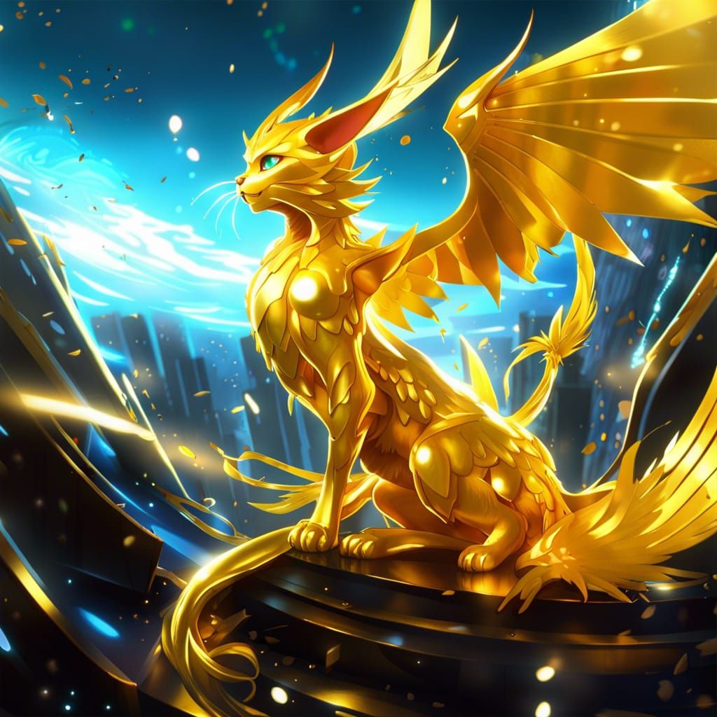 Golden Winged Dragon-Cat in Anime Style