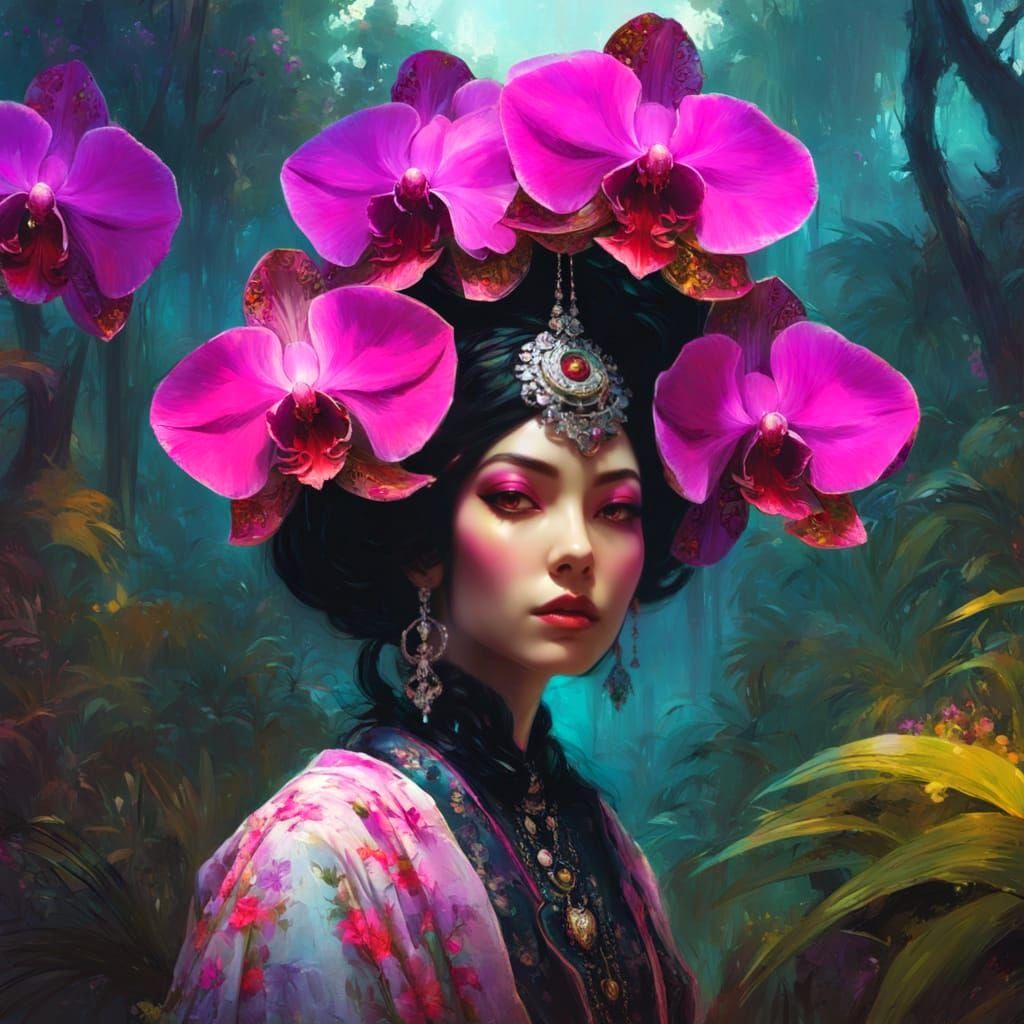 Luxurious Courtesan in a Radiant Orchid Grove, Urbanpunk Hyp...