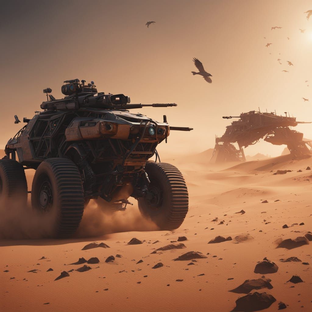 Post-Apocalyptic Desert City Battle in Hyper-Realistic Style