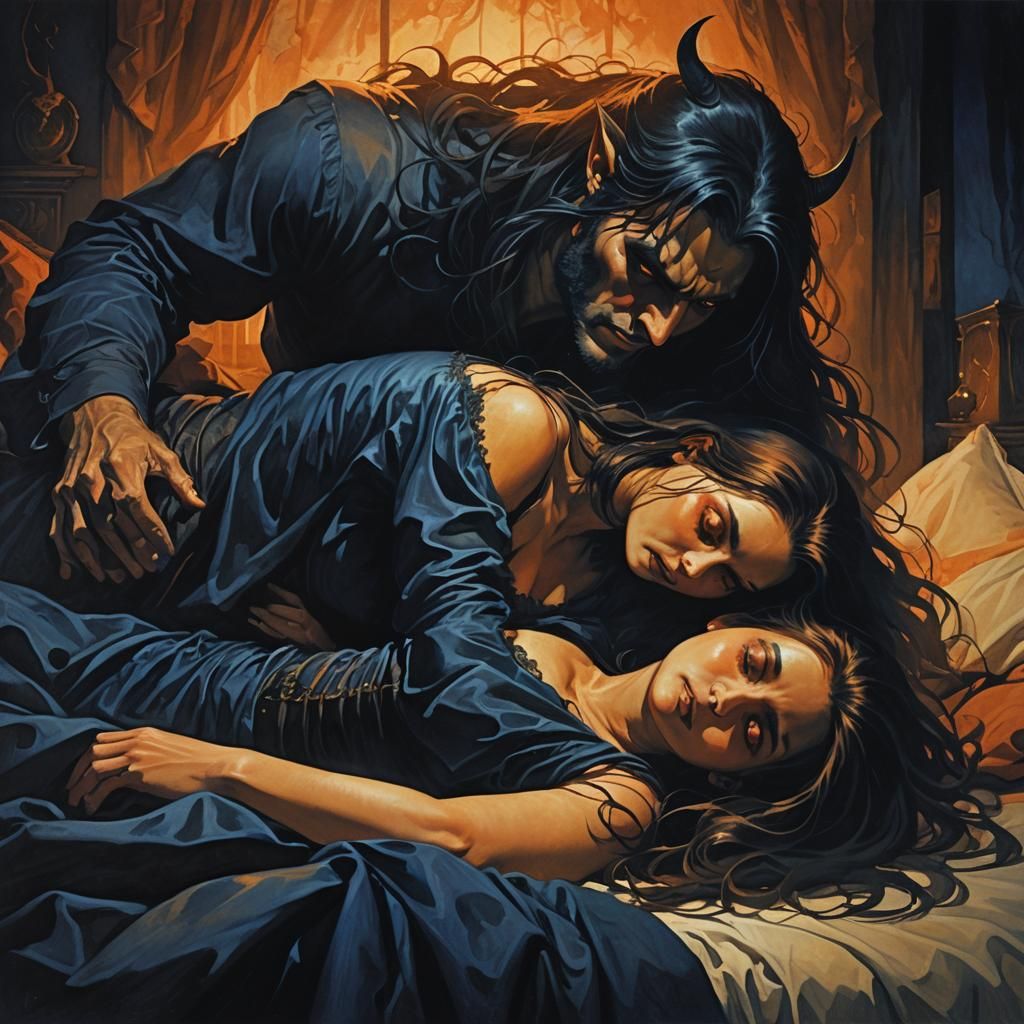 Eerie Dark Fantasy: Devilish Woman Watching Sleeping Man