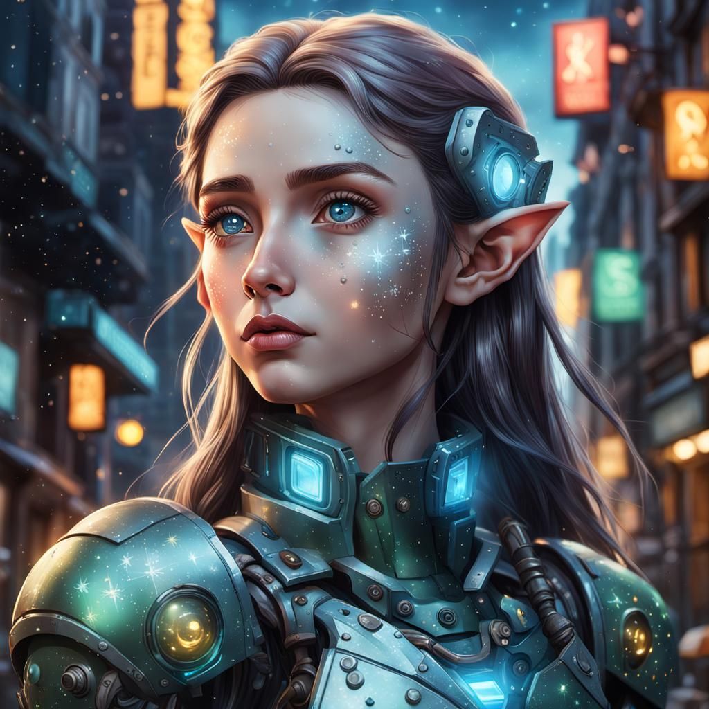 Cybernetic Elf Stargazing in Cityscape