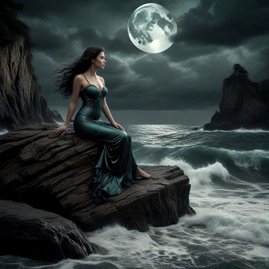 Stormy Night Siren with Lyre on Rocks