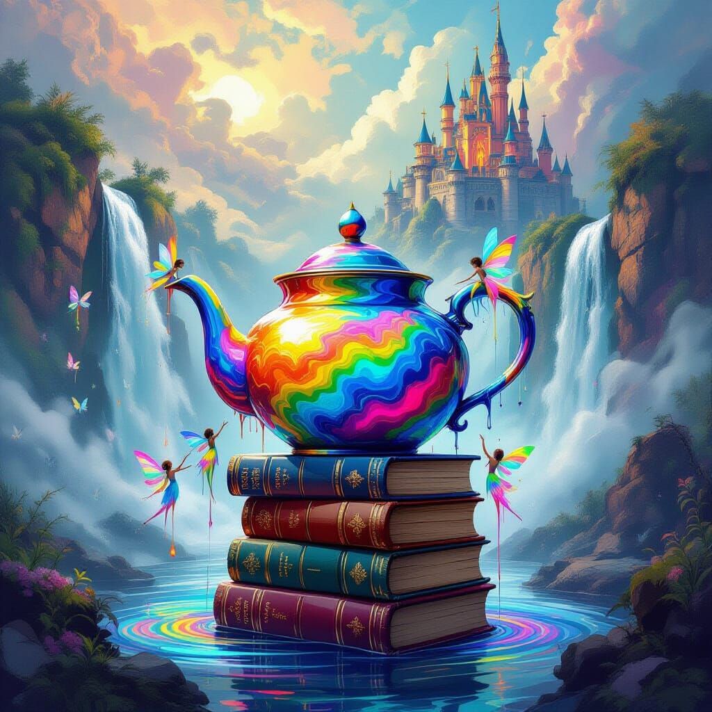 Sentient Oil Slick Teapot on Books with Rainbow Fairies
