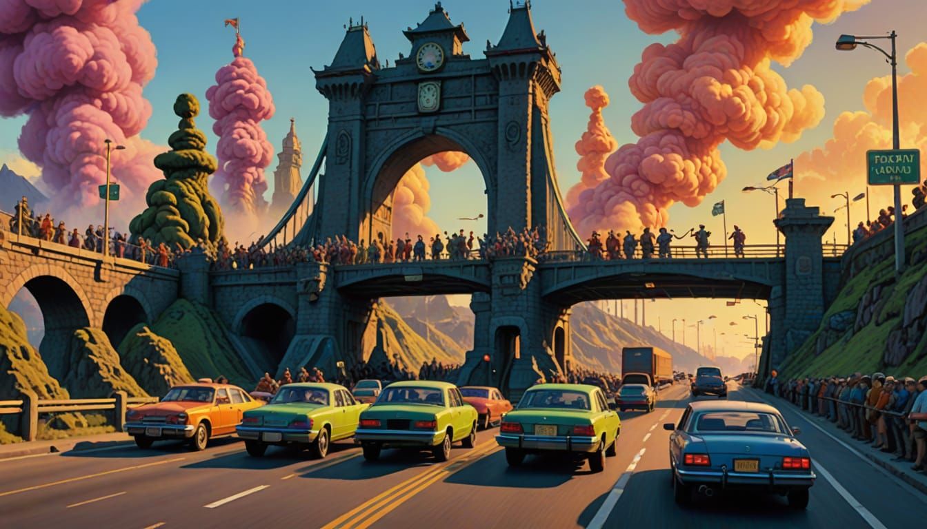 Trolls Block Golden Gate Bridge: Hyperrealistic Matte Painti...