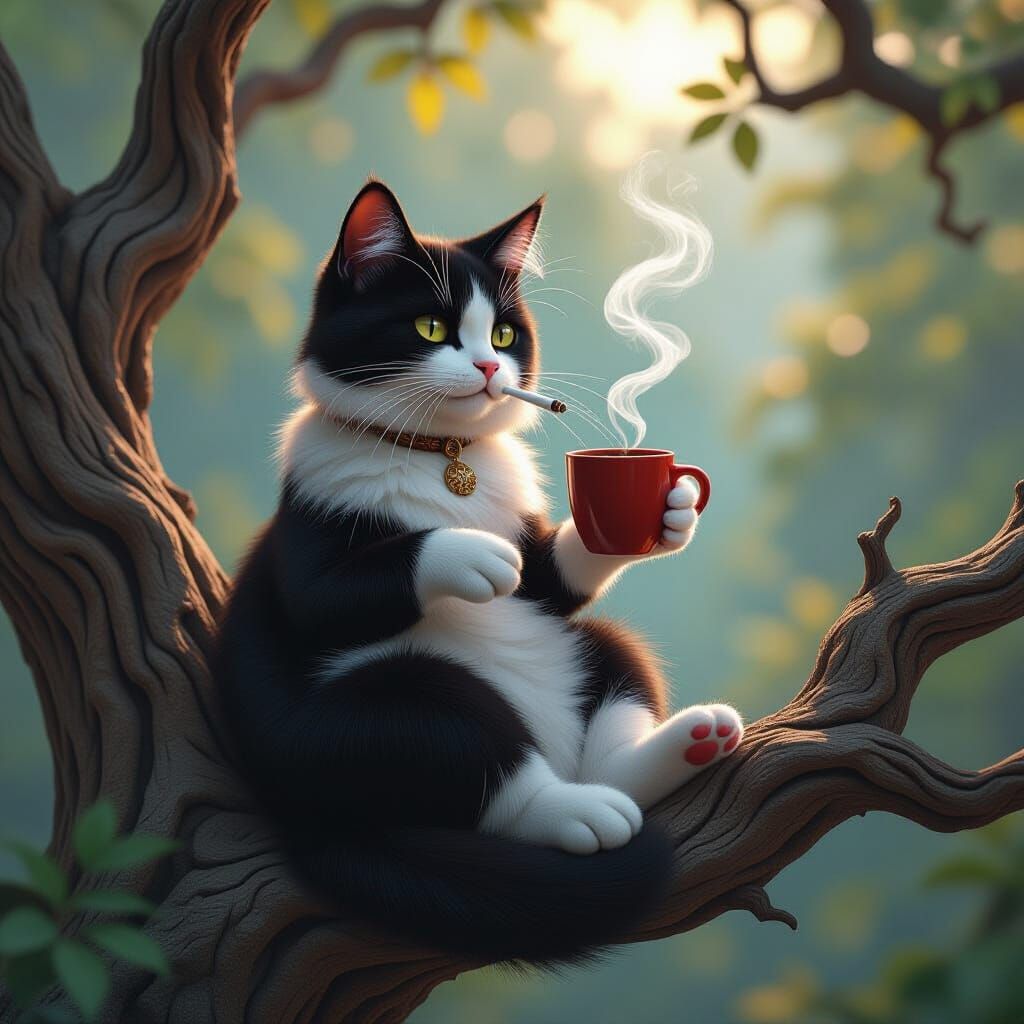 Black and White Cat on Tree Branch with Coffee and Joint