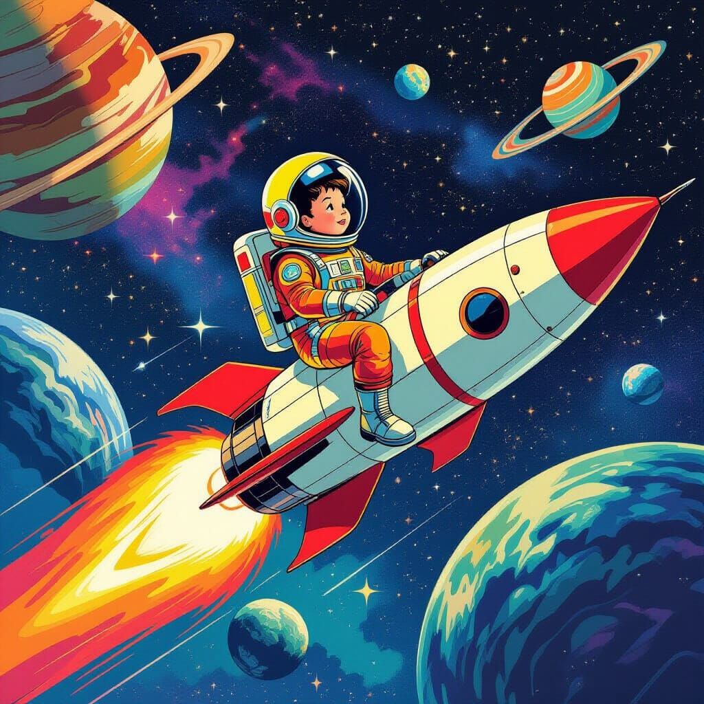 Child Astronaut Soaring Through Galaxy in Pop Art