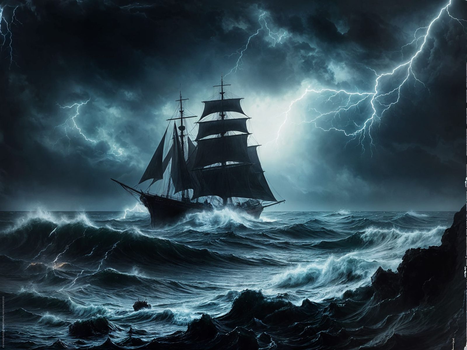 Ship Caught in Cataclysmic Storm, Dramatic Lighting