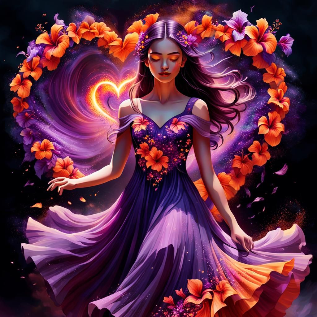 a 3D image of a beautiful young girl with flowing purple dre...