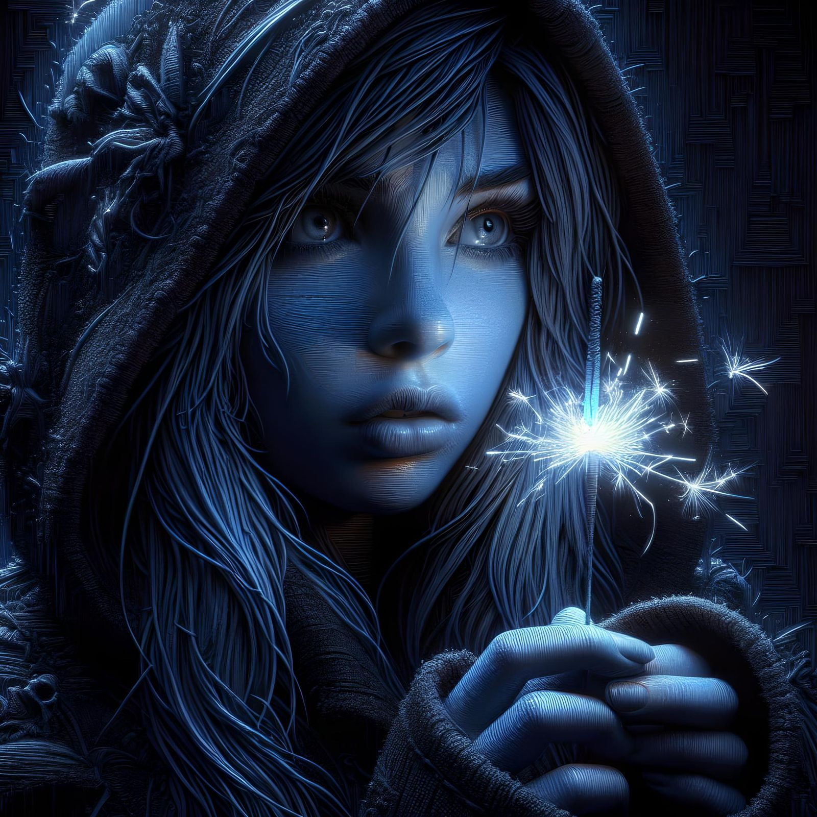 Blue Impasto Portrait of Gothic Girl With Sparkler