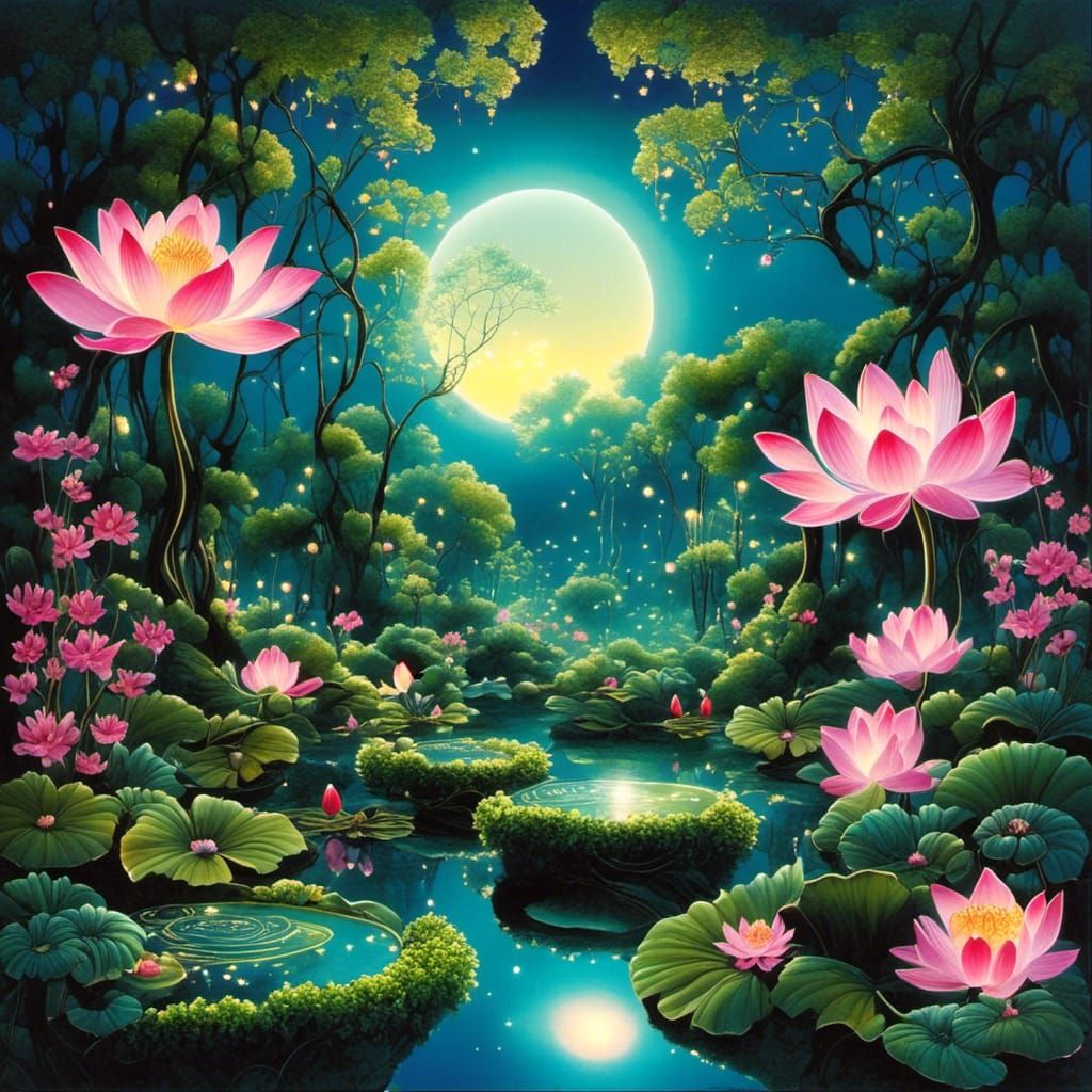 Fairy Wonderland with Lotus Pond and Moonlit Sky
