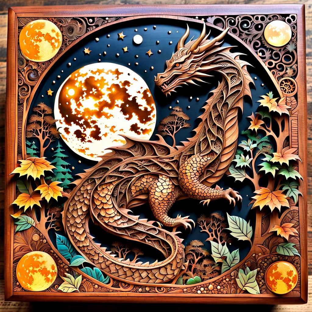 Intricate Wooden Puzzle Box with Dragon Pieces