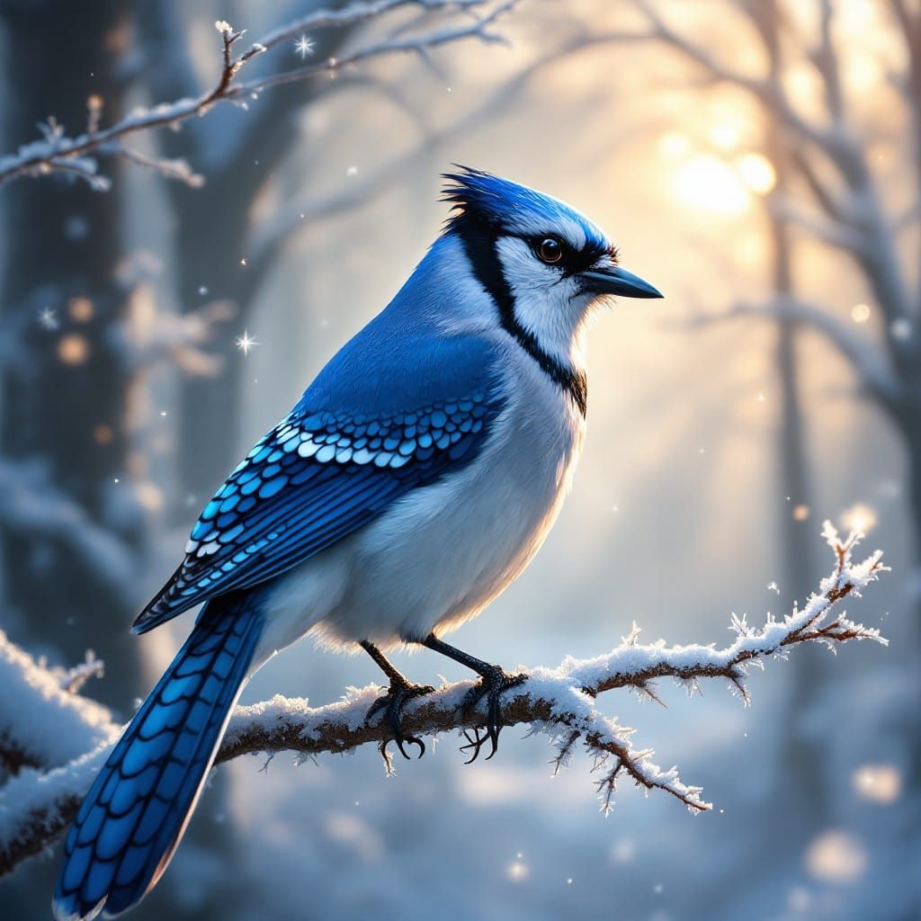 Majestic Blue Jay in Frosty Winter Forest
