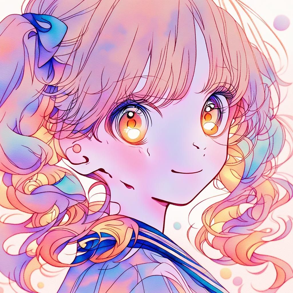Anime Girl Portrait in Watercolor Kawaii Style
