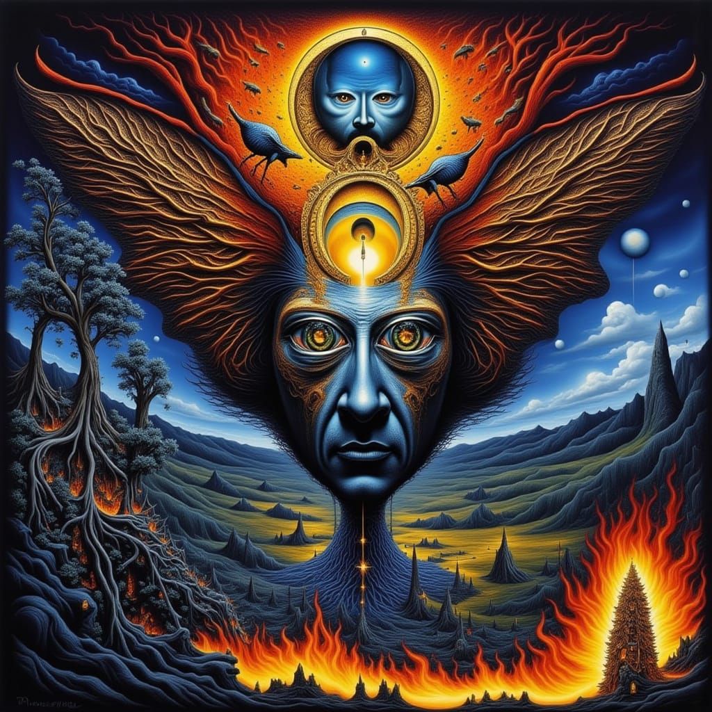 Surreal Xenomorph Butterfly Man in Fiery Landscape