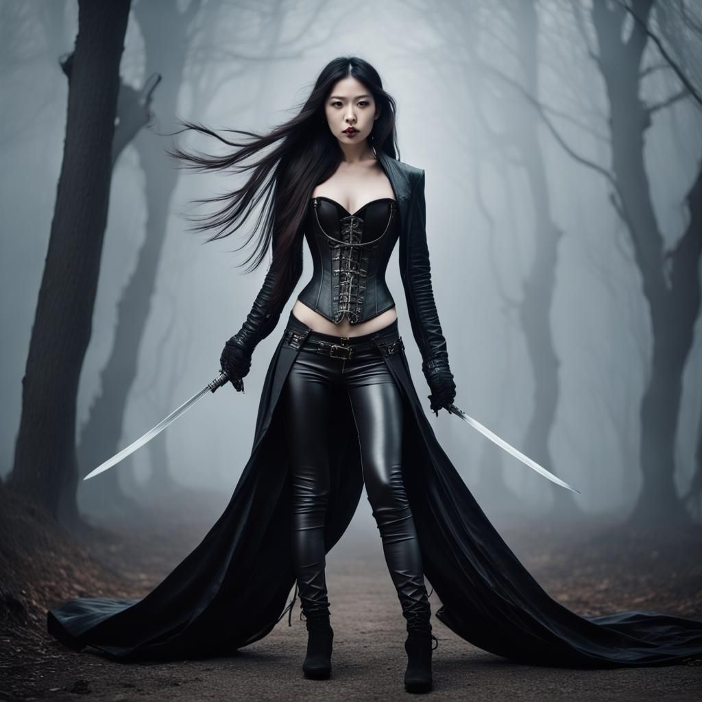 Asian Woman with Sword and Shadowy Demon