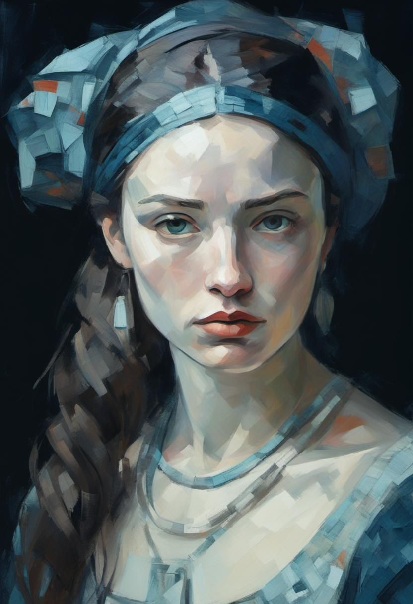 Melancholic Female Portrait in Cubist Style