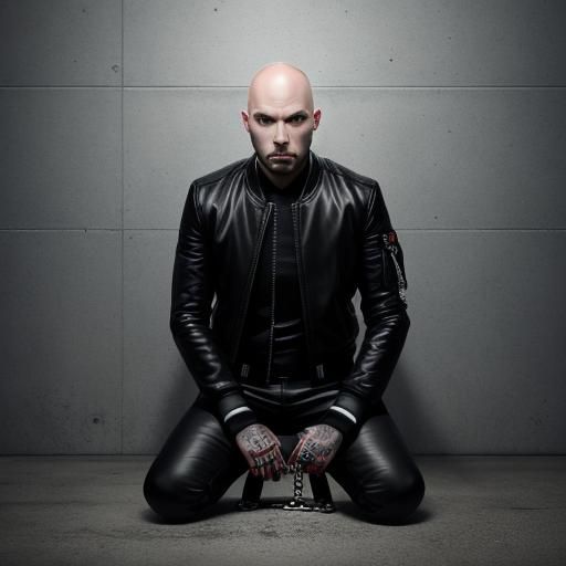 Man in Leather and Chains in Prison Cellar