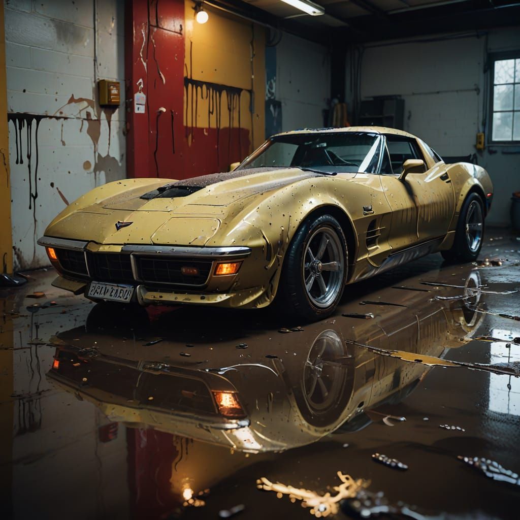 Surreal Oil Painting of Corvette in Garage
