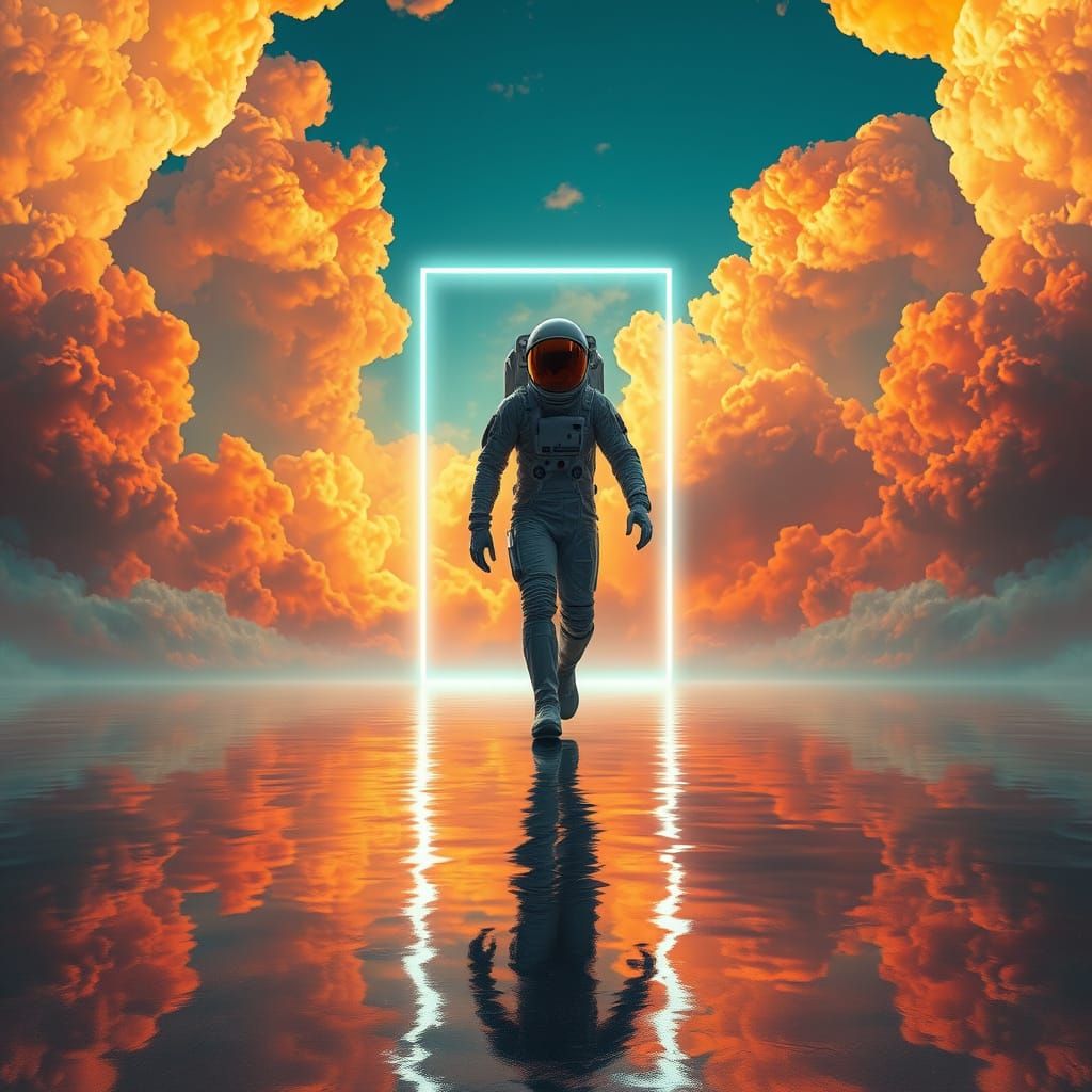 Sleek Astronaut Walks Through Vibrant Ethereal Clouds in a F...