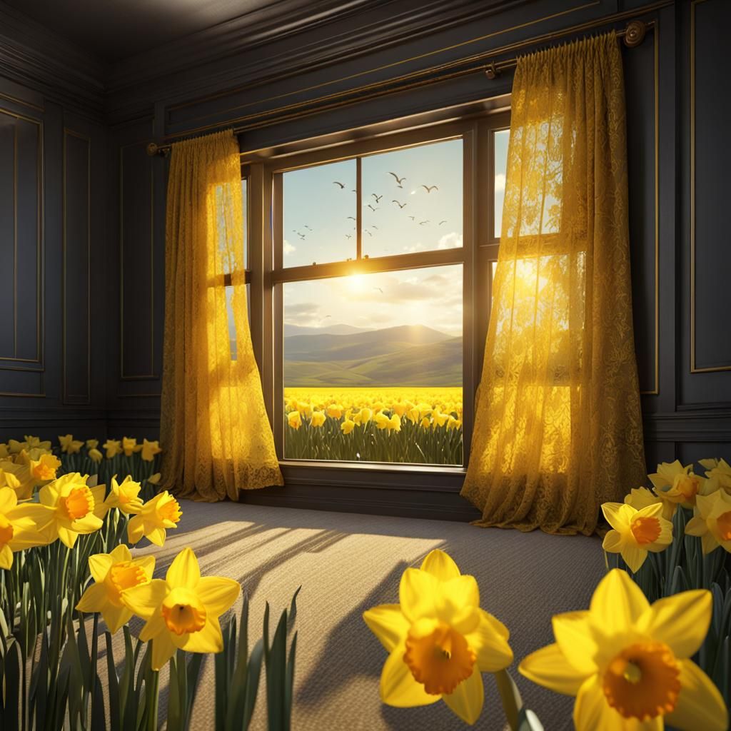 Sunlit Daffodils Through Lace: A Digital Painting