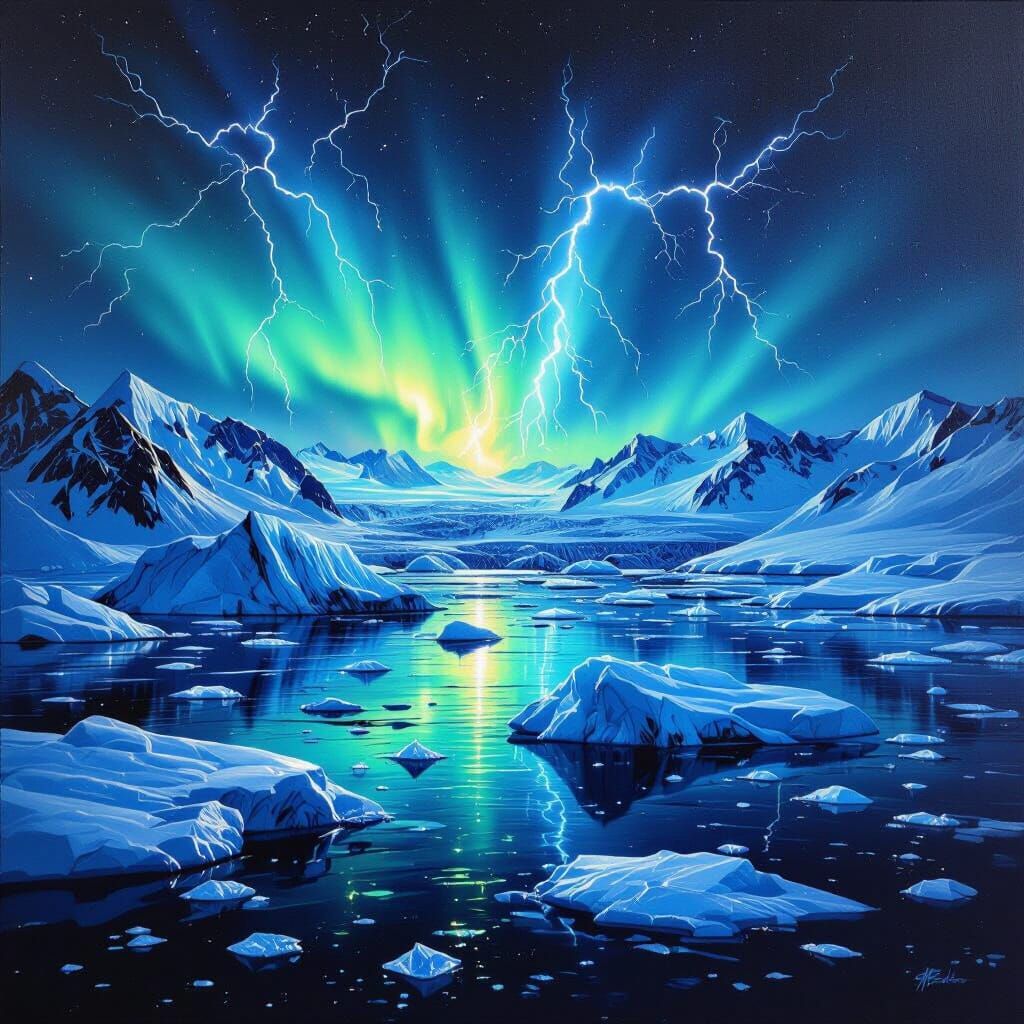 Vivid Oil Painting of Glaciers Under Neon Aurora Storm
