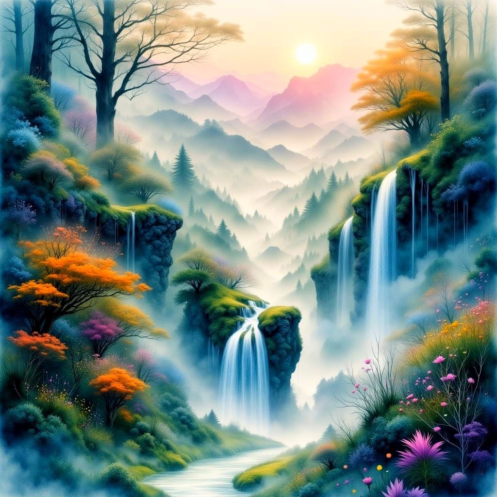 Ethereal Waterfall in a Dreamlike Landscape