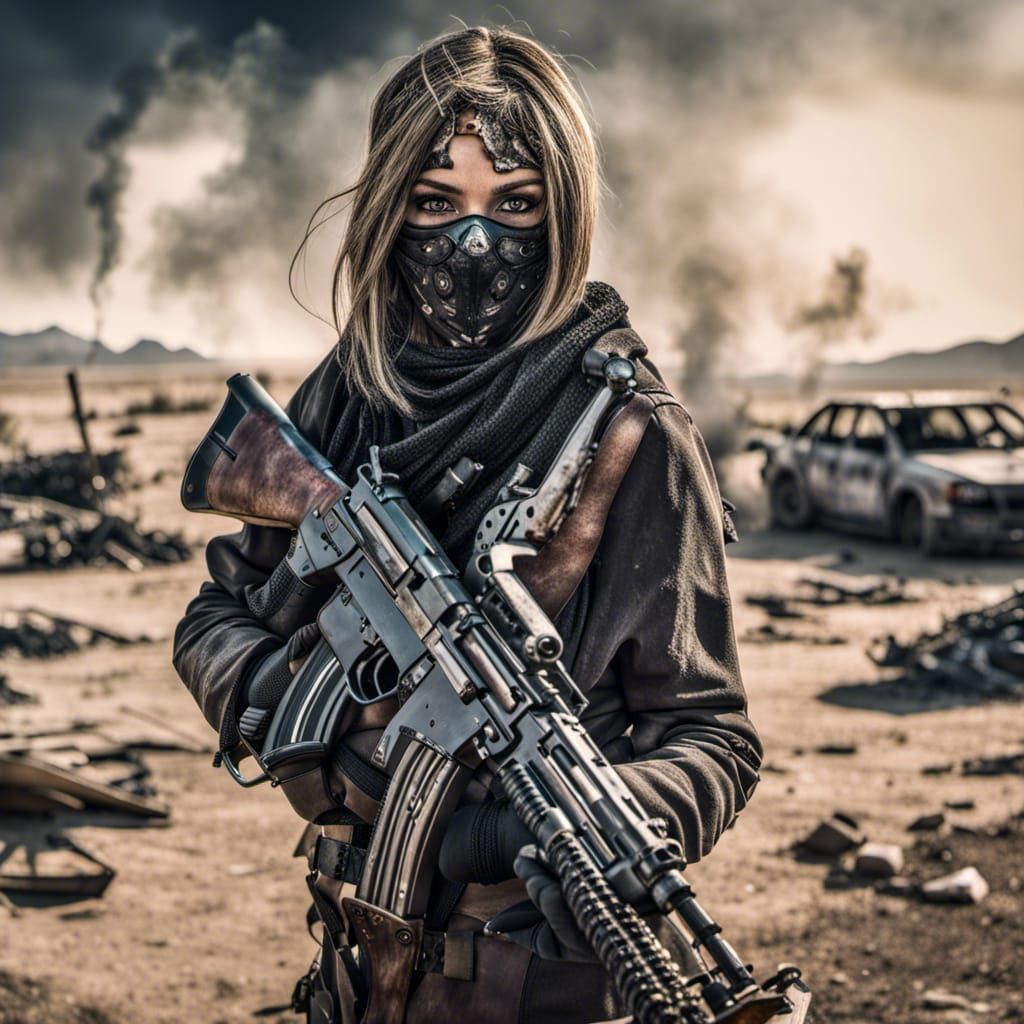 Hyperrealistic Woman with AK47 in Apocalyptic Desert