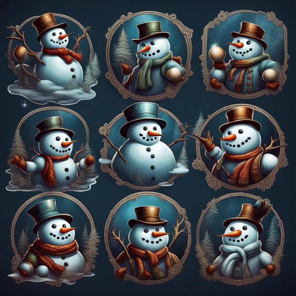 Vintage Snowman Graphic Stickers in Detailed Matte Painting