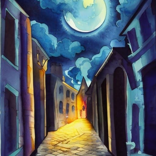 Moonlit Medieval Alley in Watercolor Painting
