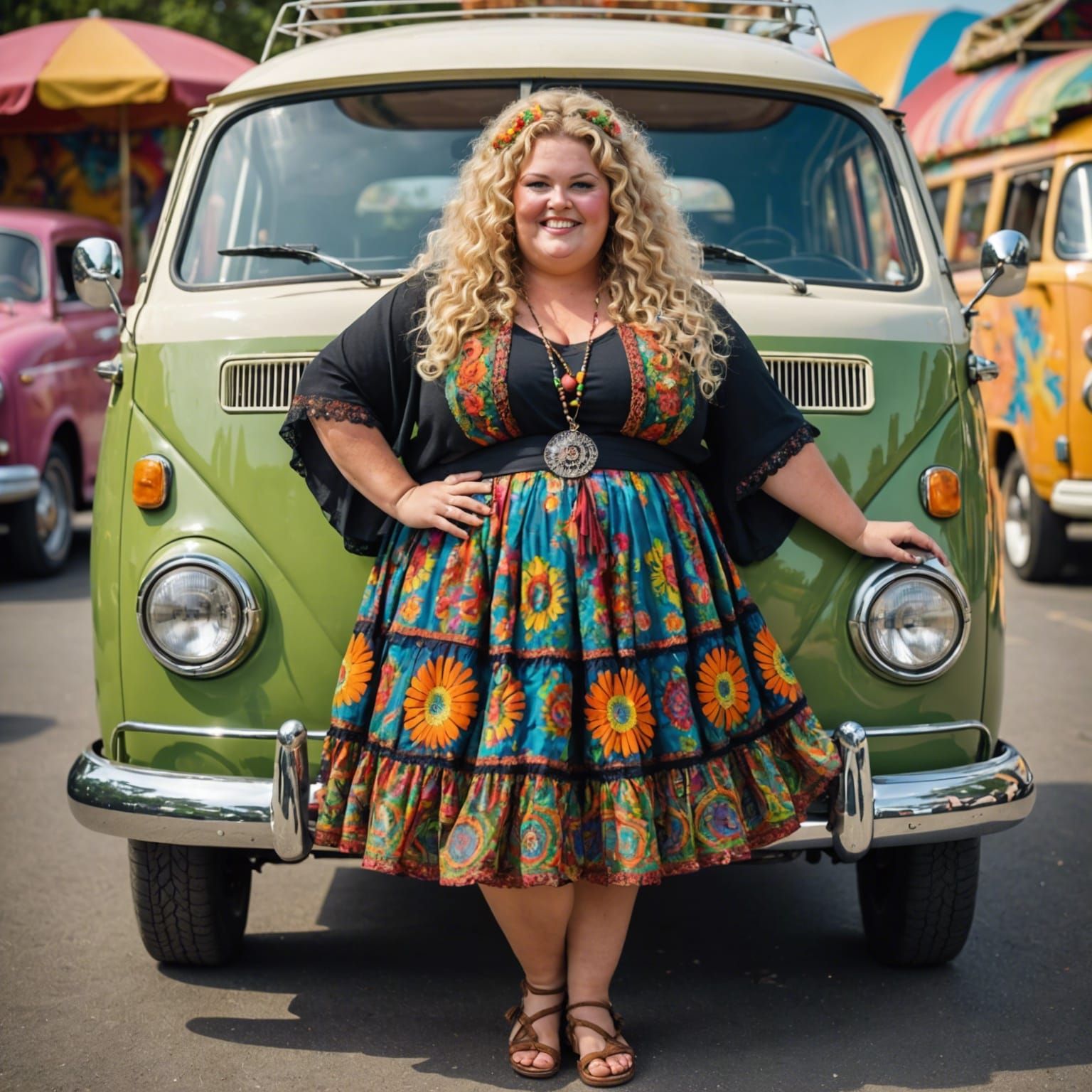 Curvy Blonde Hippie in a VW Bus
